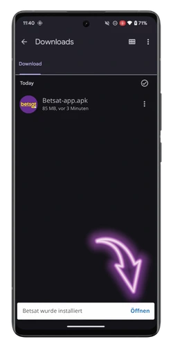 Betsat Android App erfolgreich installiert Schaltfläche Öffnen