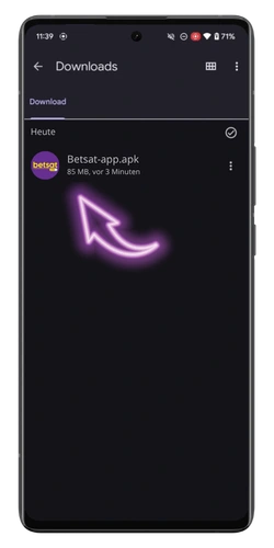 Betsat Android App betsat-app.apk im Download-Ordner öffnen