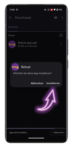 Betsat Android App Installation im Popup-Fenster bestätigen