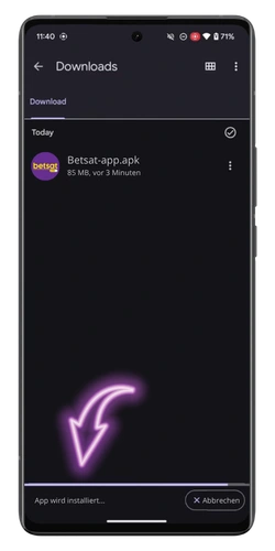 Betsat Android App Installationsfortschritt am Bildschirmrand