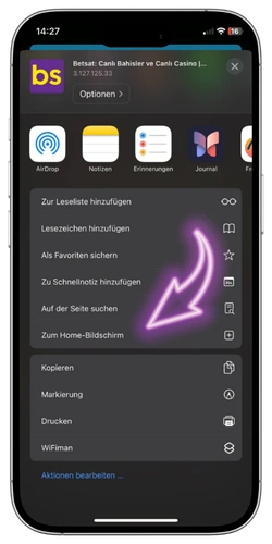Betsat iOS App installieren Schritt 2 – Zum Home-Bildschirm hinzufügen wählen